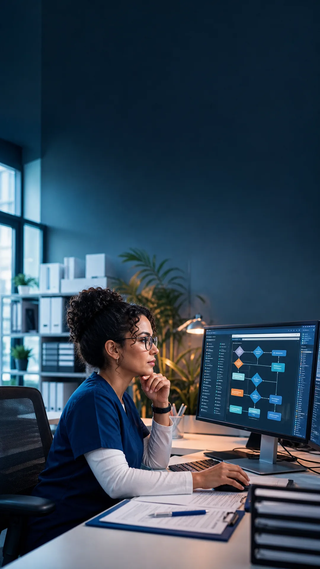 Medical coding professional reviewing an ICD-10 revenue cycle workflow