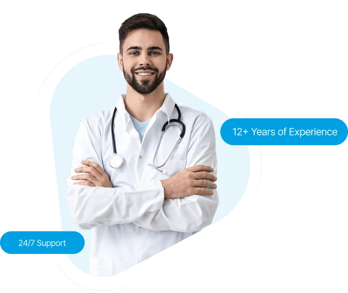 ambulance image 58778 webp Smiling man in white coat with stethoscope, arms crossed, beside two blue text badges