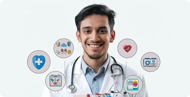 ambulance image 61530 webp Smiling man in white coat with stethoscope surrounded by circular medical icons