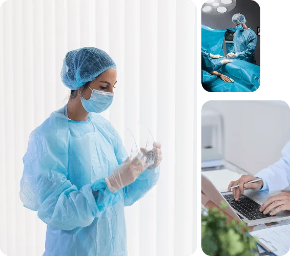 ambulatory-surgical-center image 58826 webp Collage of a nurse in scrubs holding gloves, a surgery in progress, and a person typing on a laptop