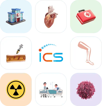 Grid of nine healthcare icons including a hospital, heart, first aid kit, syringe and ICS logo