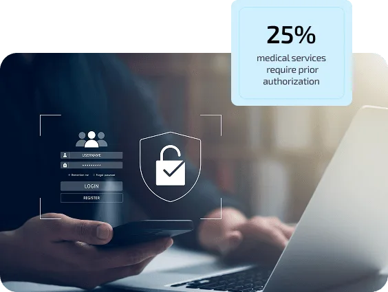 Hands holding a phone near a laptop with a login screen and padlock shield icon overlay