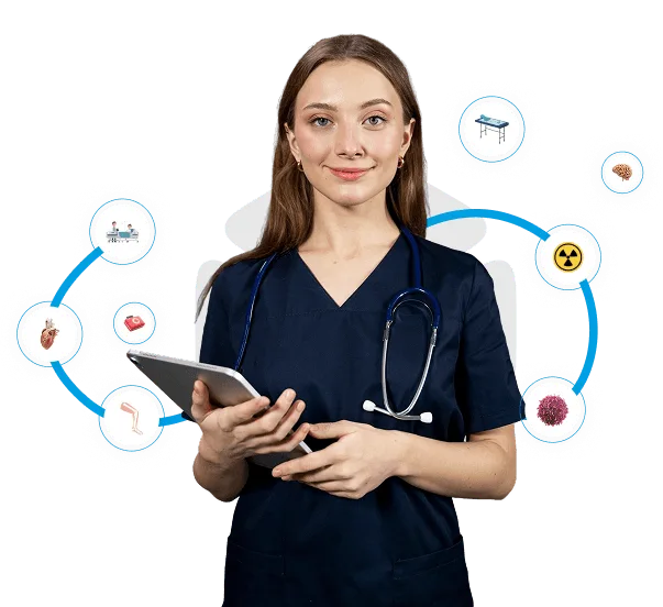 Smiling woman in navy scrubs holding a tablet, surrounded by circled medical specialty icons