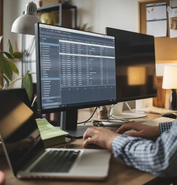 Person typing at a desk with a laptop and large monitor showing a data table