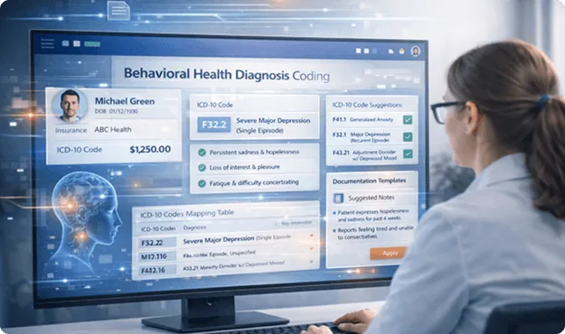 Woman at a monitor showing a behavioral health diagnosis coding screen with code suggestions