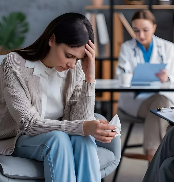 Distressed woman holding a tissue in a counseling session while a clinician takes notes behind her