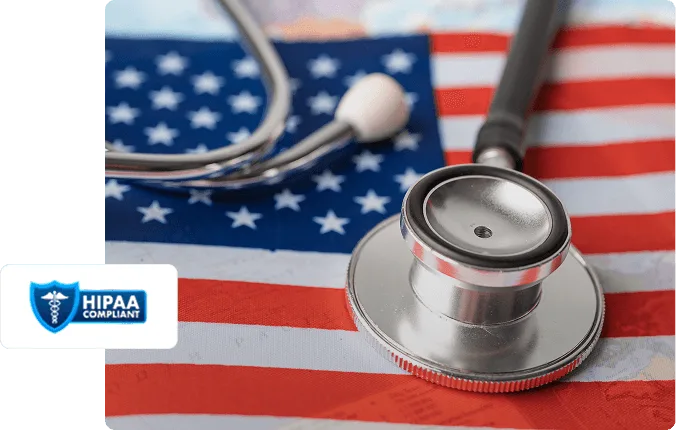 Stethoscope resting on an American flag next to a HIPAA compliant badge