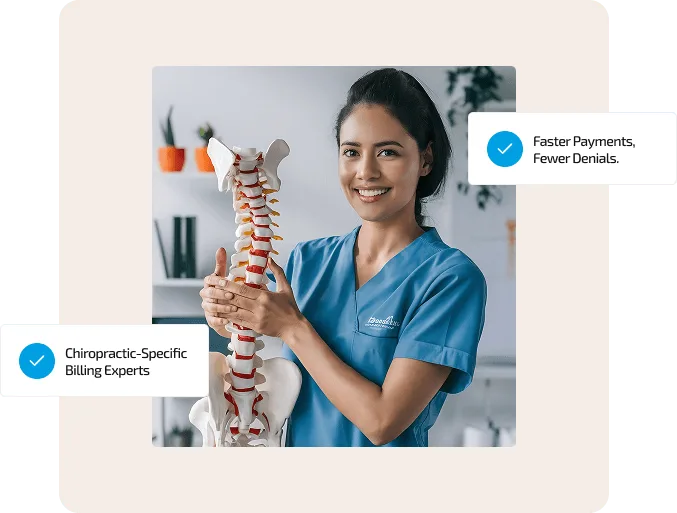 Smiling woman in blue scrubs holding a model spine, with two checkmark text callouts beside her