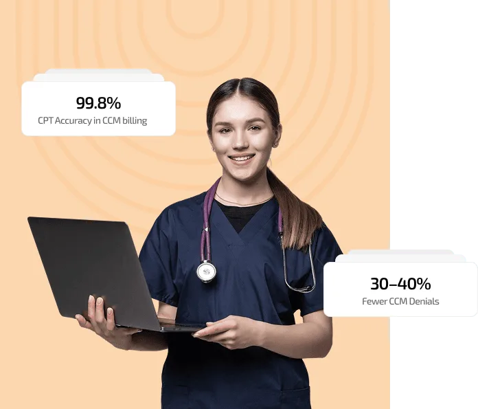 Smiling woman in navy scrubs with a stethoscope holding an open laptop, with two overlay cards