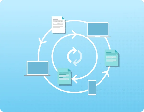 Illustration of documents, laptops and a phone around circular arrows showing a data exchange cycle