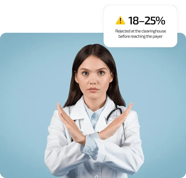 Woman in white coat with stethoscope crossing her forearms in a stop gesture
