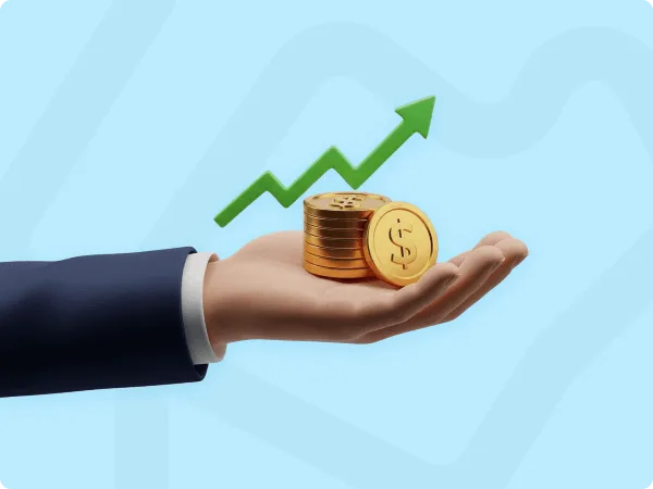Hand holding a stack of gold coins with a green upward trending arrow behind it