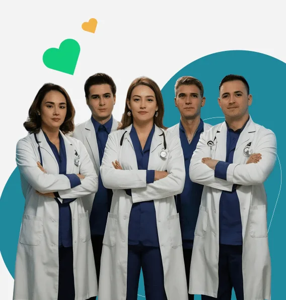 Five healthcare professionals in white coats and navy scrubs standing with arms crossed against a teal backdrop