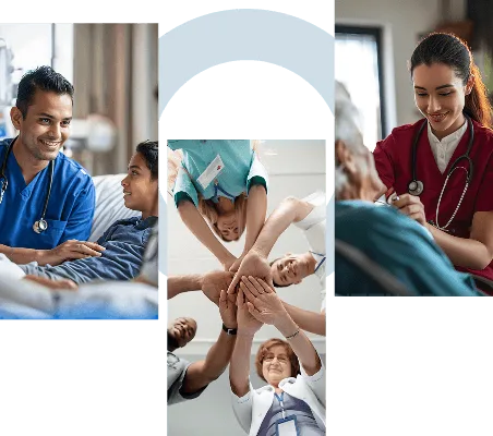 Collage of three photos: smiling nurse with patient, hands stacked together in a huddle, and nurse examining an older patient