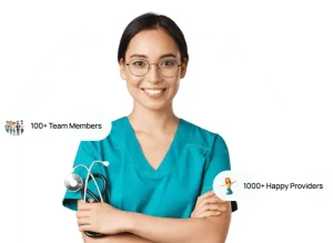 Smiling woman in teal scrubs with glasses and stethoscope, arms crossed, with two floating badges