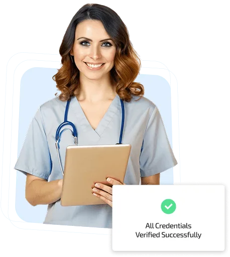 Smiling woman in scrubs with stethoscope holding a tablet beside a green check notification card