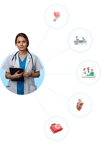 Woman doctor with clipboard linked by dotted lines to circles of medical icons