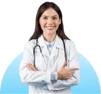 Smiling woman doctor in white coat with stethoscope, arms crossed, pointing to the side