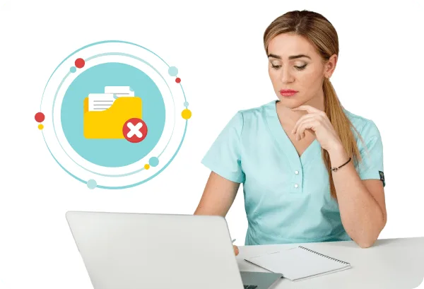 Woman in teal scrubs resting chin on hand at laptop beside a folder icon