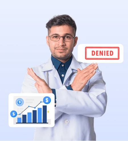 Doctor in glasses with crossed arms beside a red denied stamp and a bar chart
