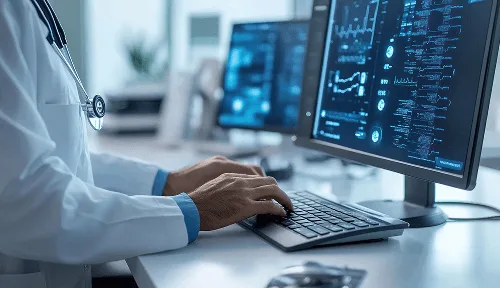 Doctor in white coat typing on a keyboard in front of monitors showing data charts