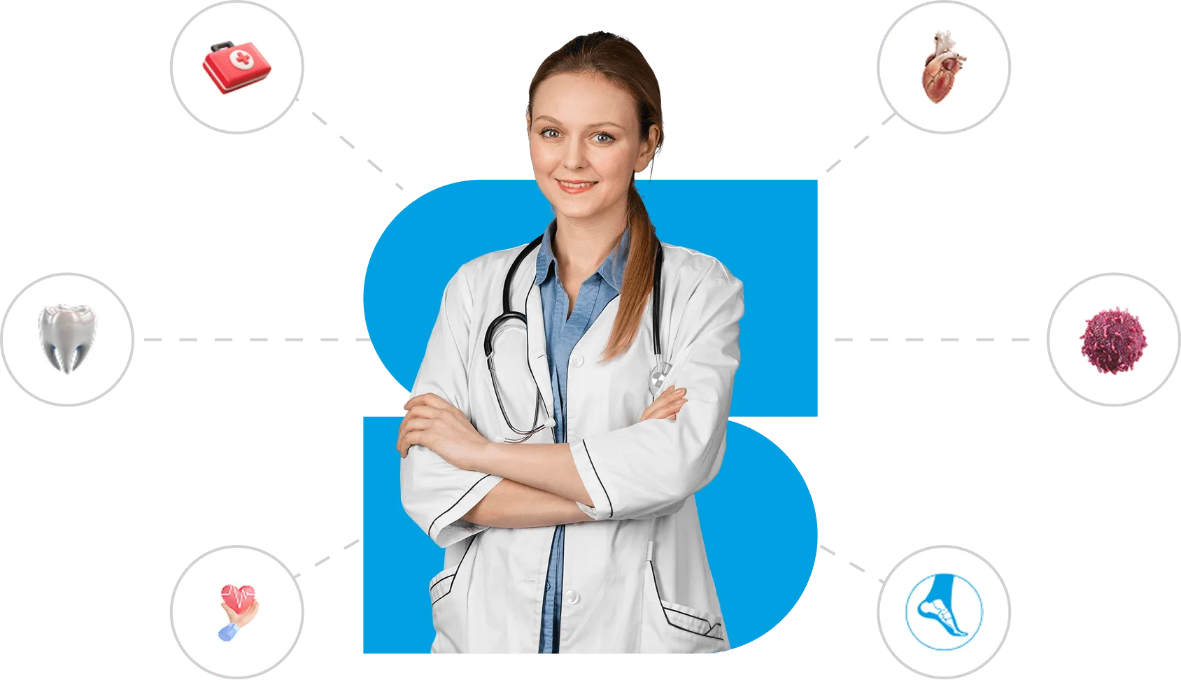 Smiling female doctor with arms crossed, surrounded by circles holding medical icons