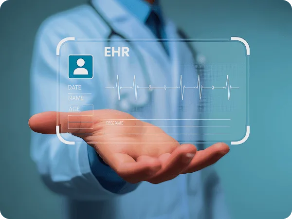 Doctor in white coat holding a hand under a translucent electronic health record card with heartbeat line