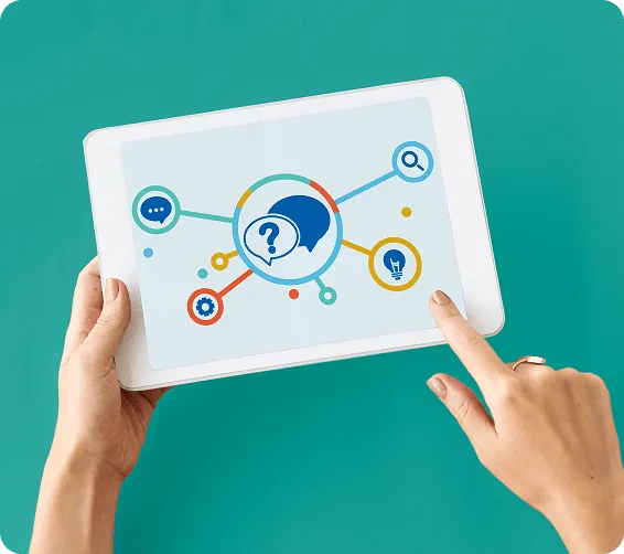 Hands holding a tablet showing connected icons for chat, search, lightbulb and settings on a teal background