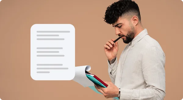 Man with a beard holding a pen to his mouth while reading papers, beside a floating document graphic