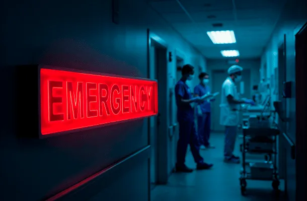 Glowing red emergency sign on a dim hospital corridor wall with masked staff in scrubs standing near a supply cart