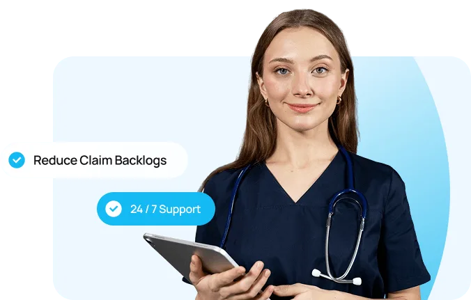 Smiling woman in dark scrubs with stethoscope holding a tablet, with support feature labels