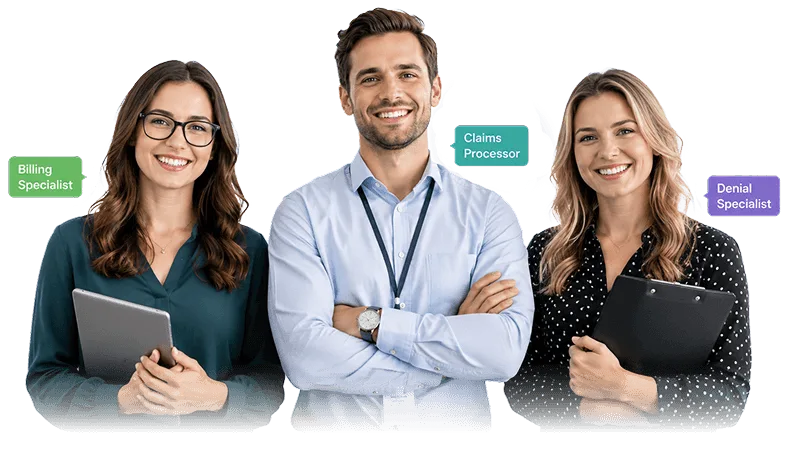 Three smiling professionals holding tablets and clipboard with role labels for billing, claims and denial specialists