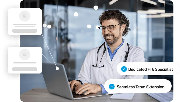 full-time-equivalent-fte-model image 61049 webp Smiling doctor in white coat with stethoscope working on a laptop, with profile cards and feature labels