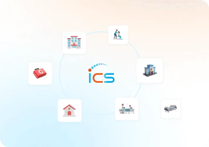 full-time-equivalent-fte-model image 61063 webp Circle of healthcare icons including hospital, clinic, first aid kit and hospital bed around a central logo