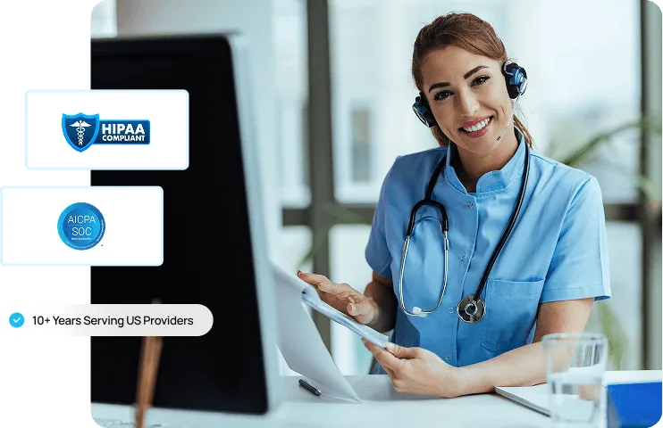 Smiling woman in scrubs with a headset at a desk, with small badge graphics