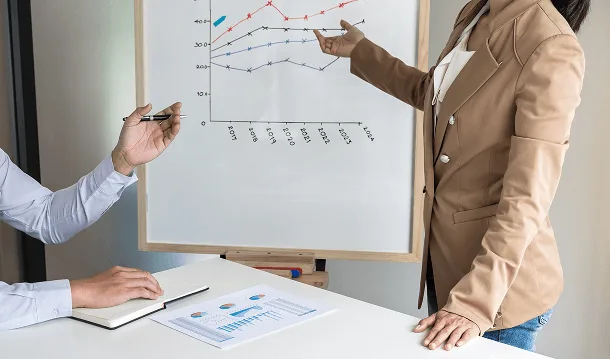 Presenter pointing at a line graph on a whiteboard while a colleague holds a pen at a desk