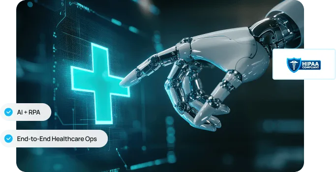 Robotic hand reaching toward a glowing teal medical cross on a digital background