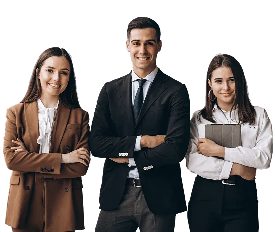 Three smiling business professionals, two women and a man, standing with arms crossed