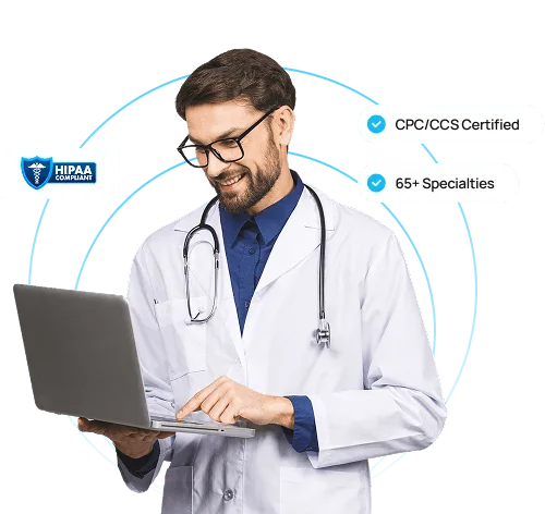 Bearded doctor in white coat with stethoscope typing on a laptop inside circular outlines