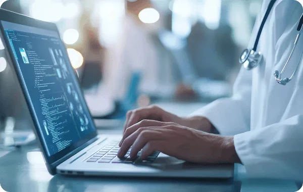 Doctor in white coat typing on a laptop showing lines of code on screen