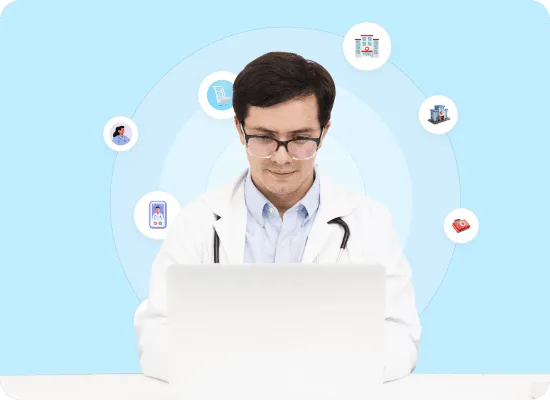 Doctor with glasses at a laptop, surrounded by circled healthcare icons on a light blue background