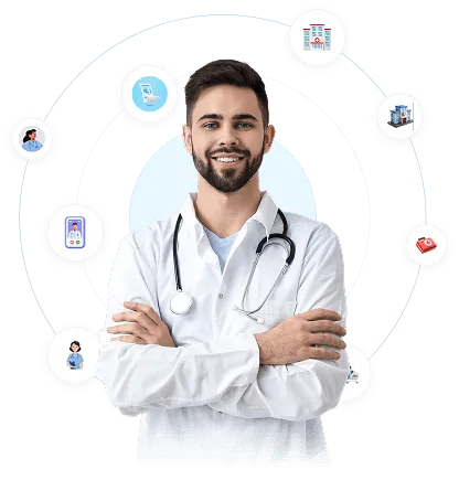 Smiling bearded doctor with arms crossed, surrounded by circled healthcare and hospital icons