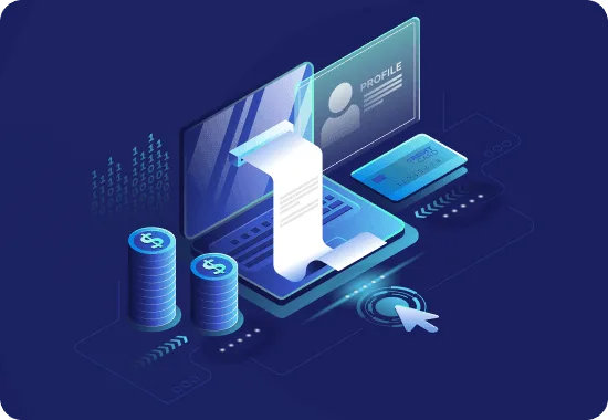Illustration of a laptop with a paper receipt, profile card, payment card and coin stacks on a dark blue background