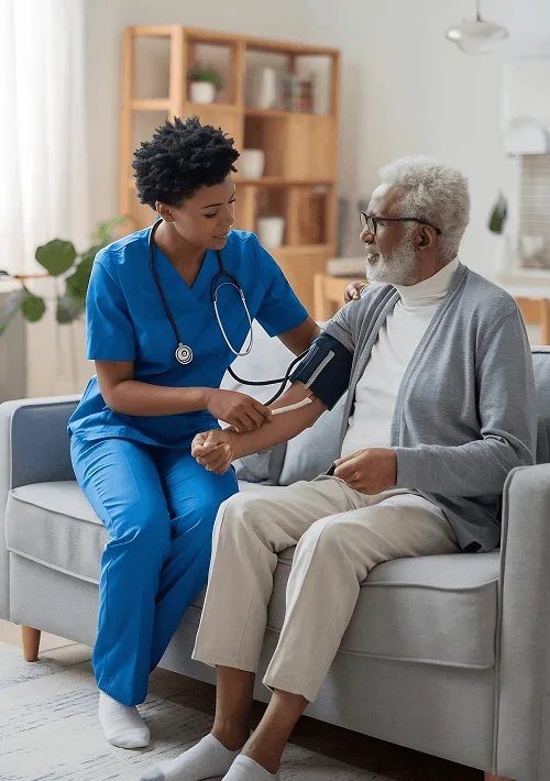 Nurse in blue scrubs taking an older man's blood pressure while he sits on a sofa