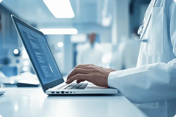 Clinician in a white coat typing on a laptop showing lines of code in a bright clinic