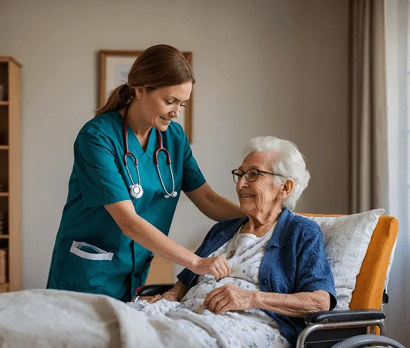 Nurse helping an elderly patient in a wheelchair