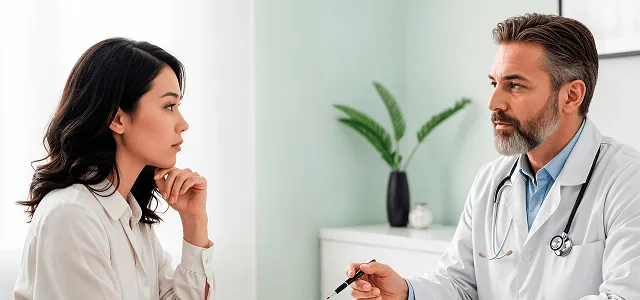 Doctor holding a pen speaks with a woman in a bright consultation room
