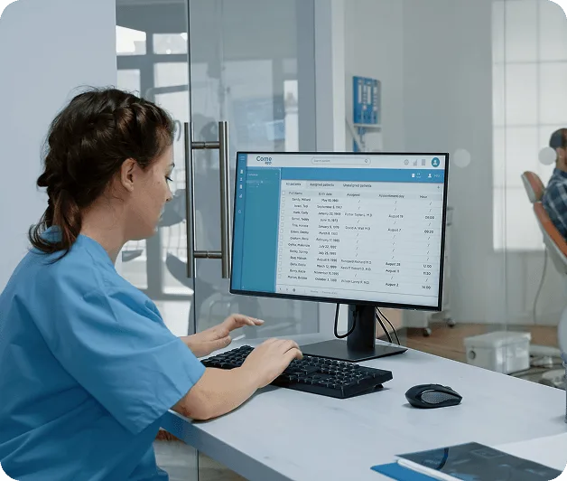 Nurse in blue scrubs using a desktop computer showing a patient appointment list
