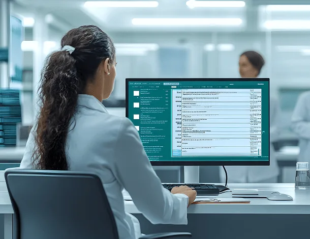 Woman with a long ponytail in a white coat works at a desktop monitor in a bright office