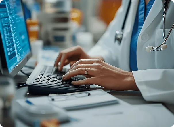 Close-up of a doctor's hands typing on a keyboard beside a monitor, with a stethoscope around the neck